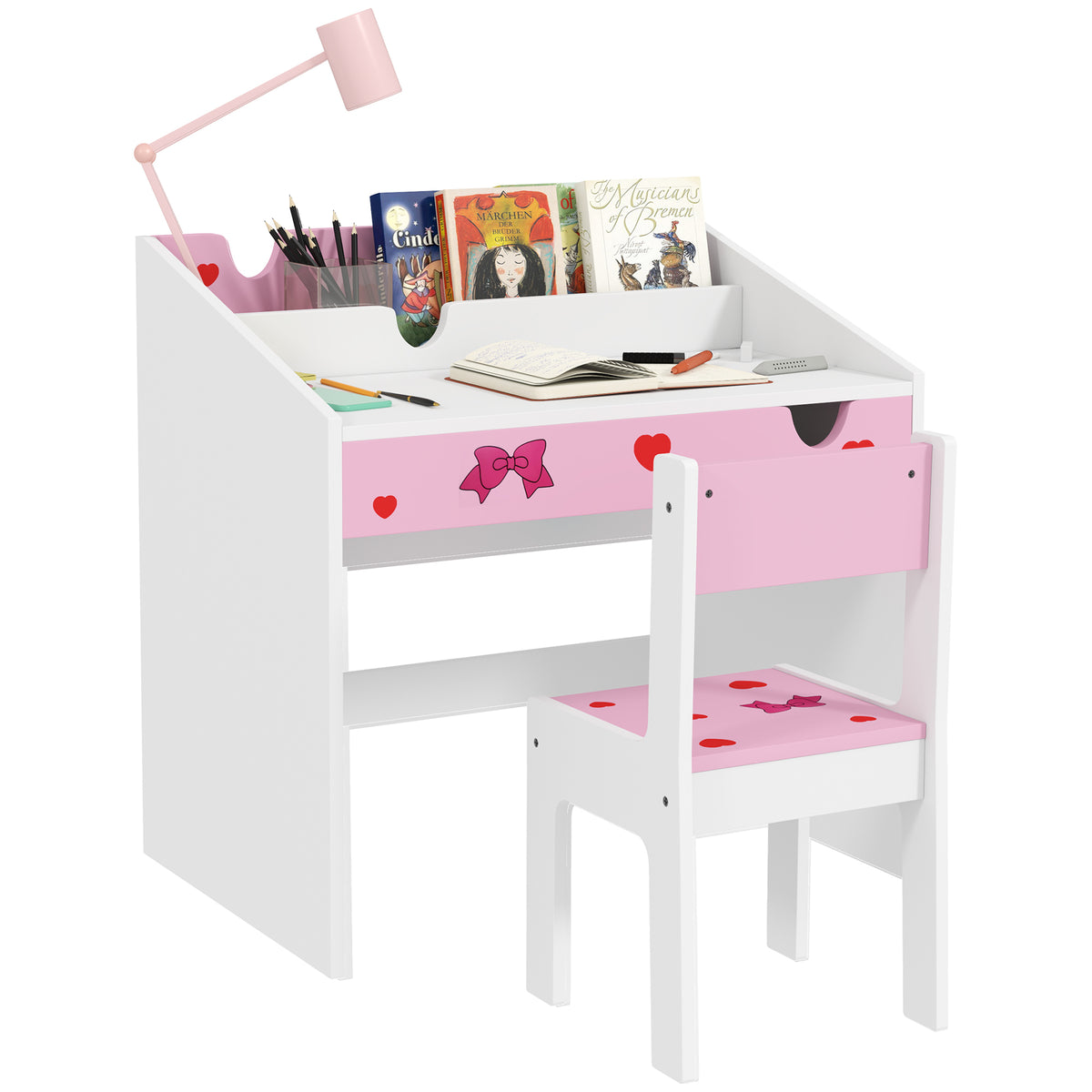 AIYAPLAY Children Study Table and Chair, Kids Desk and Chair Set with Storage, Pull-out Drawer, Gift for 3-6 Years Old - Pink