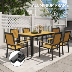 Outsunny 6 Seater Garden Dining Set with Stackable Chairs, Aluminium Frame, Rectangular Plastic Top, Garden Furniture Set, Outdoor Dining Table and Chairs for Patio, Balcony, Poolside, Nature Wood