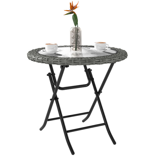 Outsunny Folding Round Tempered Glass Garden Table with Grey Rattan Edging