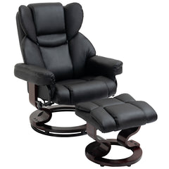 HOMCOM Faux Leather Recliner Chair and Footstool, Swivel Upholstered Armchair and Footstool with Adjustable Backrest, Solid Wood Base for Living Room, Black