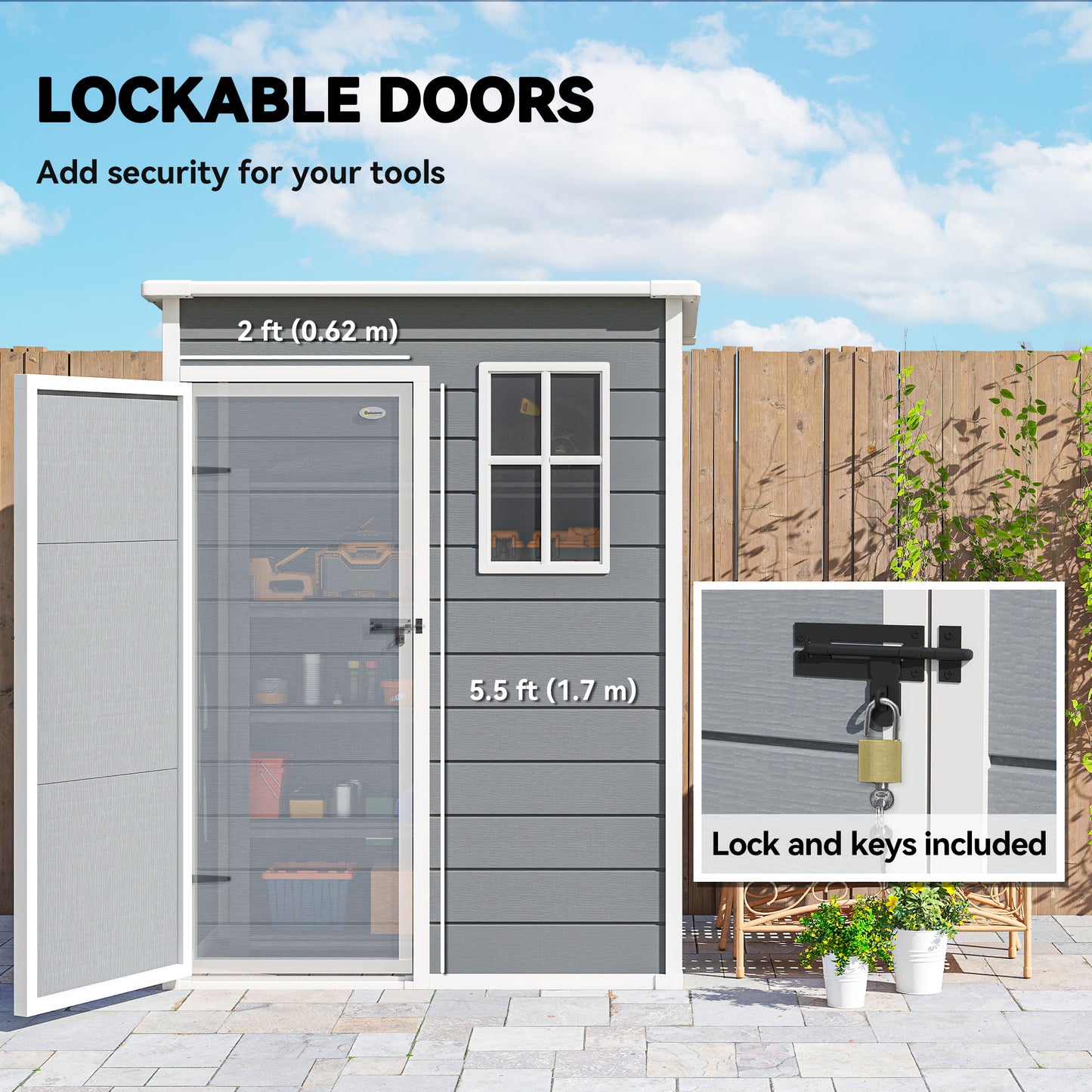 Outsunny 5' x 3' Garden Shed with Floor, Outdoor Storage Shed with Lockable Door, Window and Vent for Garden, Patio, Grey