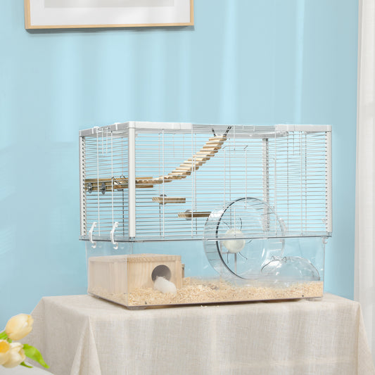 PawHut Hamster Cage, Gerbil Cage with Wooden Ramp, Exercise Wheel, Food Bowl - White