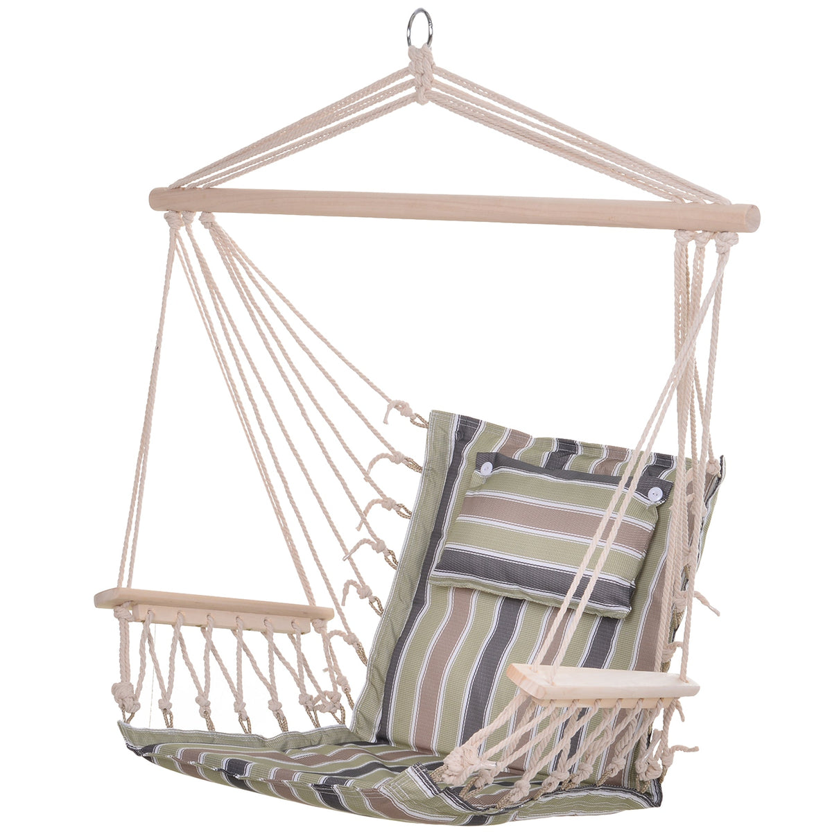 Outsunny Garden Outdoor Hanging Hammock Chair Thick Rope Frame Wooden Arms Safe Wide Seat Garden Outdoor Spot Stylish Multicoloured stripes