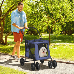 PawHut Dog Pram Dog Stroller 4 Wheels Pet Pushchair with Rolling Door, Cushion, Safety Leashes, for Small and Medium Dogs, Dark Blue