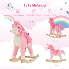 HOMCOM Kids Plush Rocking Horse Ride On Unicorn w/ Sound Moving Mouth Wagging Tail Children Rocker Toy Gift 3-6 Years Pink