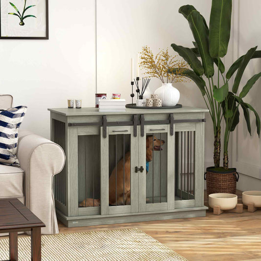 PawHut Dog Crate Furniture for Large Dogs, Double Dog Cage for Small Dogs, with Divider - Grey