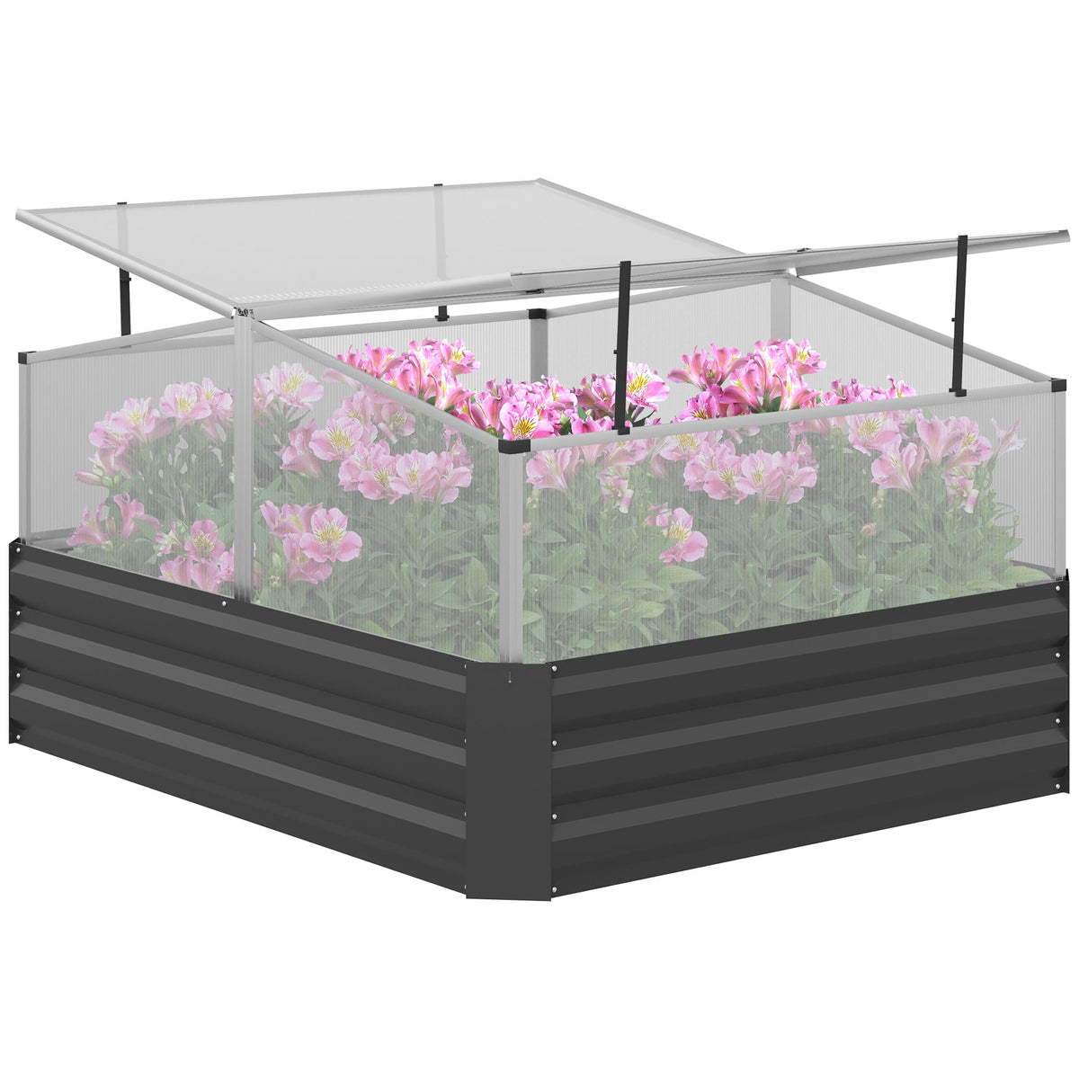 Outsunny Outsuuny Galvanised Raised Garden Bed, Outdoor Planter Box with Greenhouse and Cover for Vegetables, Flowers, Dark Grey