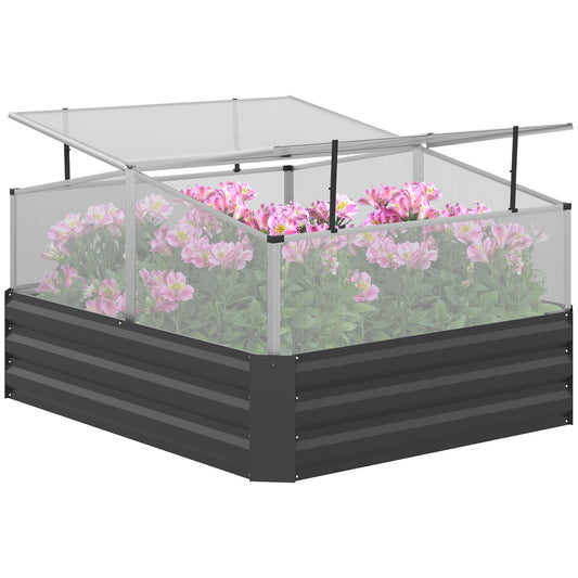 Outsunny Outsuuny Galvanised Raised Garden Bed, Outdoor Planter Box with Greenhouse and Cover for Vegetables, Flowers, Dark Grey