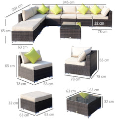 Outsunny 8 Pieces PE Rattan Corner Sofa Set with Thick Cushions, Aluminium Outdoor Rattan Garden Furniture Set with Glass Top Table, No Assembly Required, Mixed Brown