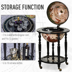 HOMCOM Unique Globe Drinks Cabinet Wood Frame 3 Compartments Bottles Glasses w/ Bottom Shelf 4 Wheels Elegant Antique Movable Safe Storage Presentation Wine Alcohol Beverage Trolley Brown Beige