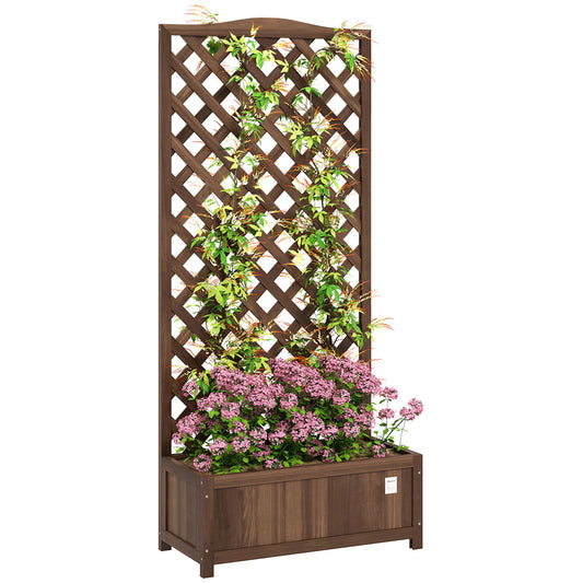 Outsunny 53L Garden Wooden Planter Box with Trellis Free Standing Flower Raised Bed with Lattice for Climbing Plants, 76cm x 36cm x 170cm, Dark Brown