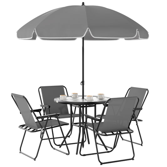 Outsunny 4 Seater Garden Furniture Set, 6 Pieces Garden Table and Chairs with Parasol, Outdoor Garden Dining Set with Folding Chairs and Round Glass Top Table for Patio, Grey