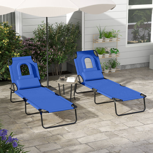 Outsunny Outdoor Foldable Sun Lounger Set of 2, 4 Level Adjustable Backrest Reclining Sun Lounger Chair with Pillow and Reading Hole, Blue