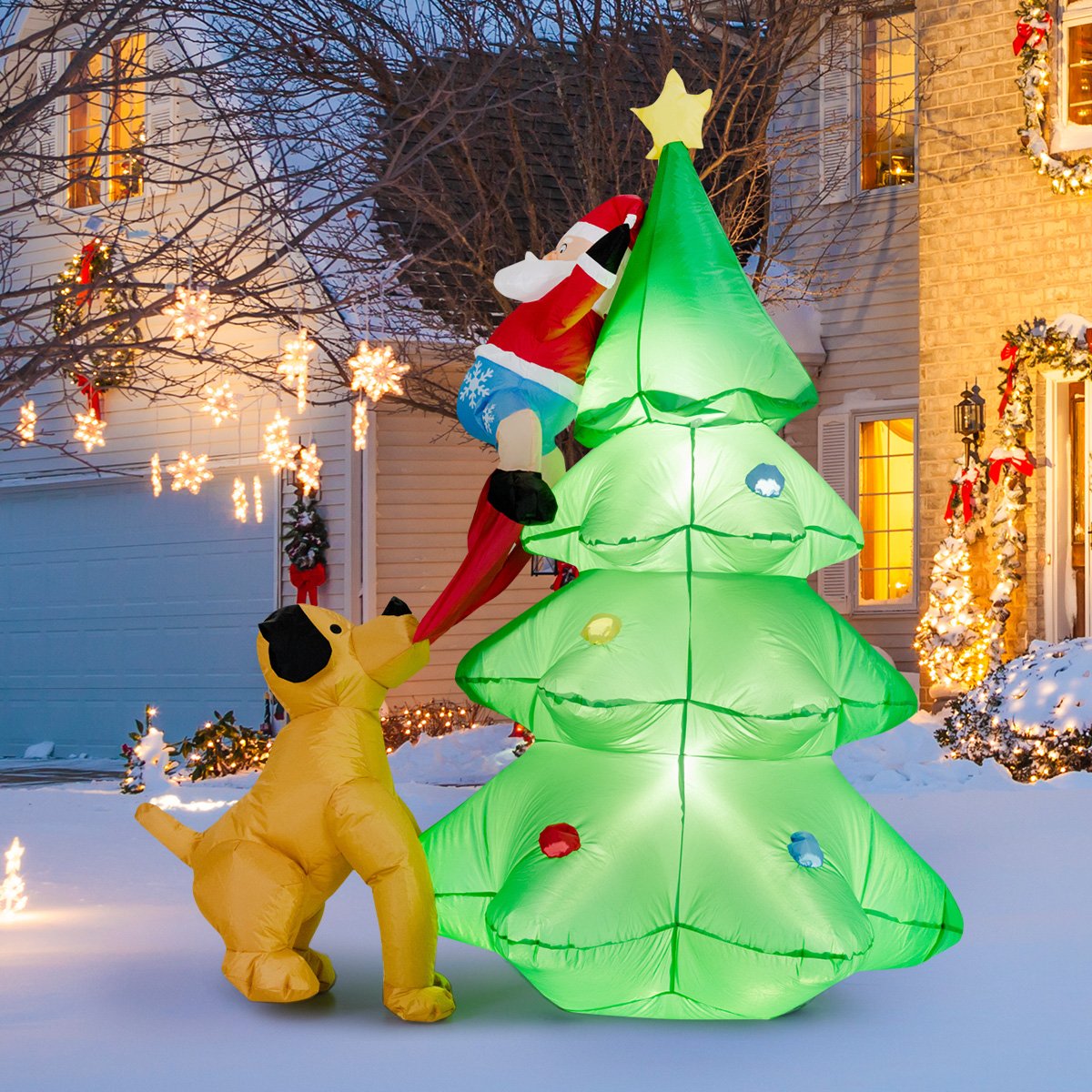 1.8m Inflatable Dog Chasing Santa to a Christmas Tree with LED Lights