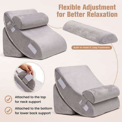 4 Pieces Memory Foam Bed Wedge Pillow Set with Machine Washable Cover-Grey