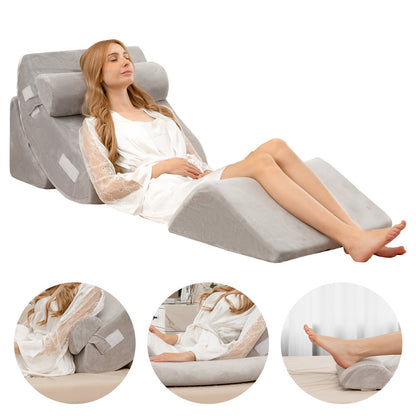 4 Pieces Memory Foam Bed Wedge Pillow Set with Machine Washable Cover-Grey