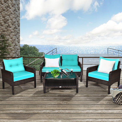 4 Pieces PE Rattan Patio Conversation Set-Turquoise