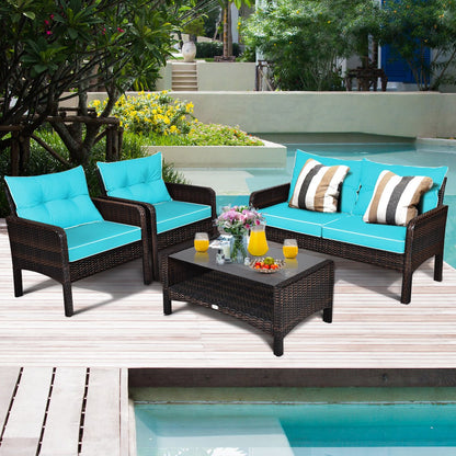 4 Pieces PE Rattan Patio Conversation Set-Turquoise