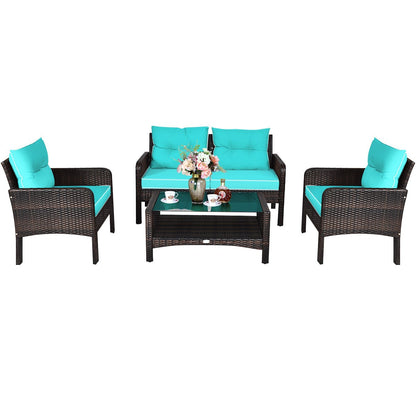 4 Pieces PE Rattan Patio Conversation Set-Turquoise