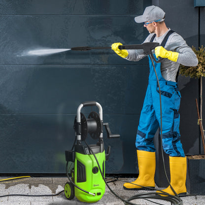 Outsunny 1800W High√Ç Pressure√Ç Washer, 150 Bar Pressure, 420 L/h Flow, Portable Power Washer Jet Wash Cleaner with Adjustable Nozzle, 6M Hose, Hose Reel, Steel Handle for Home Patio Car Driveway, Green