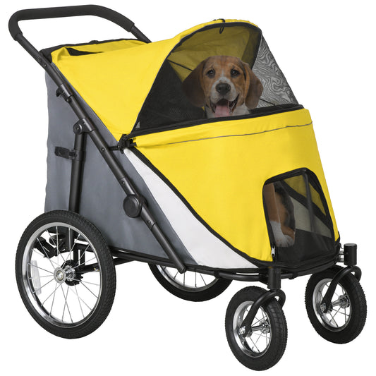 PawHut Foldable Pet Stroller, with Washable Cushion, Storage Bags, Safety Leash, for Medium, Large Dogs, Cats - Yellow