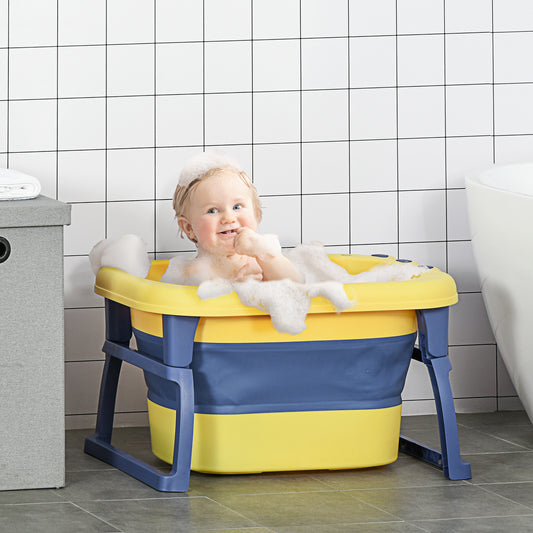 HOMCOM Baby Bathtub for 0-6 Years Collapsible Non-Slip Portable with Stool Seat for Newborns Infants Toddlers Kids - Yellow