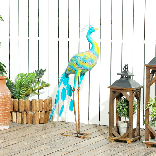 Outsunny Peacock Garden Statue, Standing Garden Ornament, Metal Garden Gift with Stakes for Patio Pond Landscape Decoration, Multi-Colour