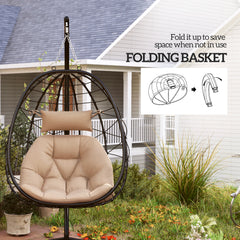 Outsunny Hanging Egg Chair Outdoor Indoor Garden Swing Chair with Folding Basket, Thickened Cushion, Garden Hanging Chair with Stand, Headrest for Patio, Balcony, Khaki