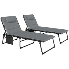 Outsunny Folding Sun Loungers Set of 2, Recliner Garden Chairs with Quick Drying Pad Headrest Side Pocket, Garden Sun Loungers for Beach Pool, Charcoal Grey