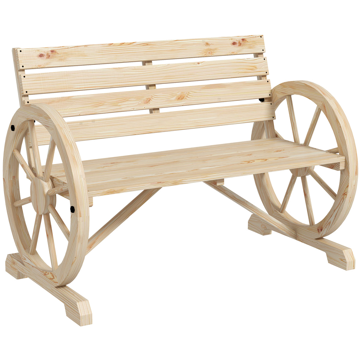 Outsunny Wagon Wheel Chair Bench Armrest Rustic Loveseat Wood Outdoor Garden, Natural