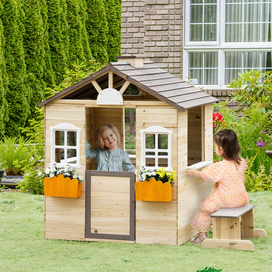 Outsunny Wooden Playhouse for Kids Outdoor Wendy House with Door, windows, Bench, Service Stations, Flowerpot Holder, For Ages 3-7 Years