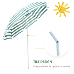 Outsunny 1.8m Beach Parasol Umbrella with Tilt Canopy, Lightweight Patio Garden Sunshade with 8 Ribs, Green & White Stripe