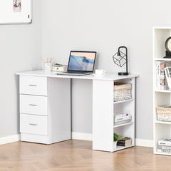 HOMCOM Computer Desk, Writing Table, PC Workstation with 3 Storage Shelves and Drawers, Silver Handle, for Home Office, White