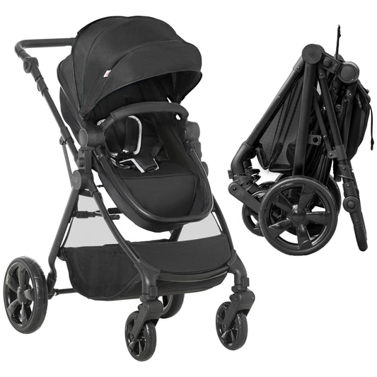 HOMCOM Foldable Baby Stoller, with Reclining Backrest, Adjustable Canopy, for Ages 0-36 Months - Black