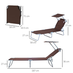 Outsunny 2 Pieces Outdoor Foldable Sun Lounger, 4 Level Adjustable Backrest Reclining Sun Lounger Chair with Angle Adjust Sun Shade Awning for Beach, Garden, Patio, Brown