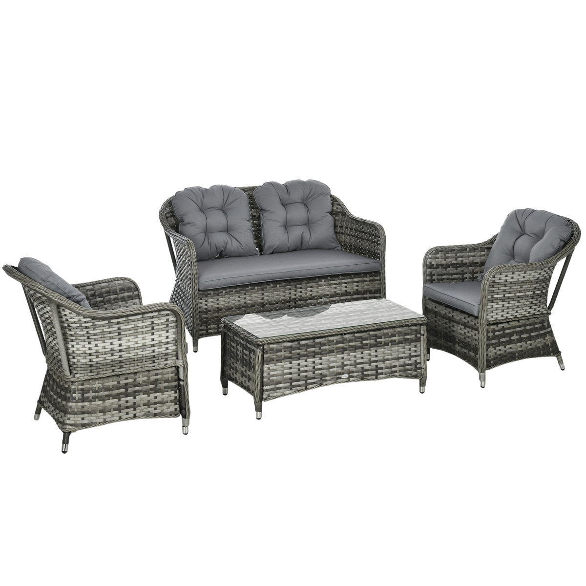 Outsunny Four-Piece Rattan Sofa Set, with Glass-Top Table - Mixed Grey