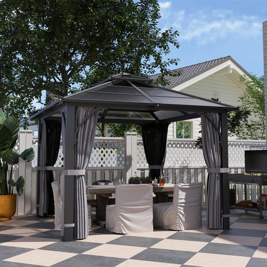 Outsunny 3 x 3(m) Hardtop Gazebo Canopy with 7mm Double Polycarbonate Roof, Garden Gazebo Permanent Pavilion with Mosquito Netting and Curtains for Patio, Deck, Dark Grey