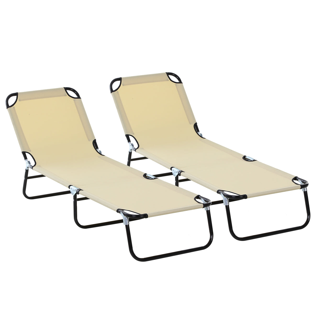 Outsunny 2 Piece Foldable Sun Loungers with 5-Position Adjustable Backrest, Outdoor Portable Recliner Chaise Lounge Chairs with Breathable Mesh Fabric, Beige