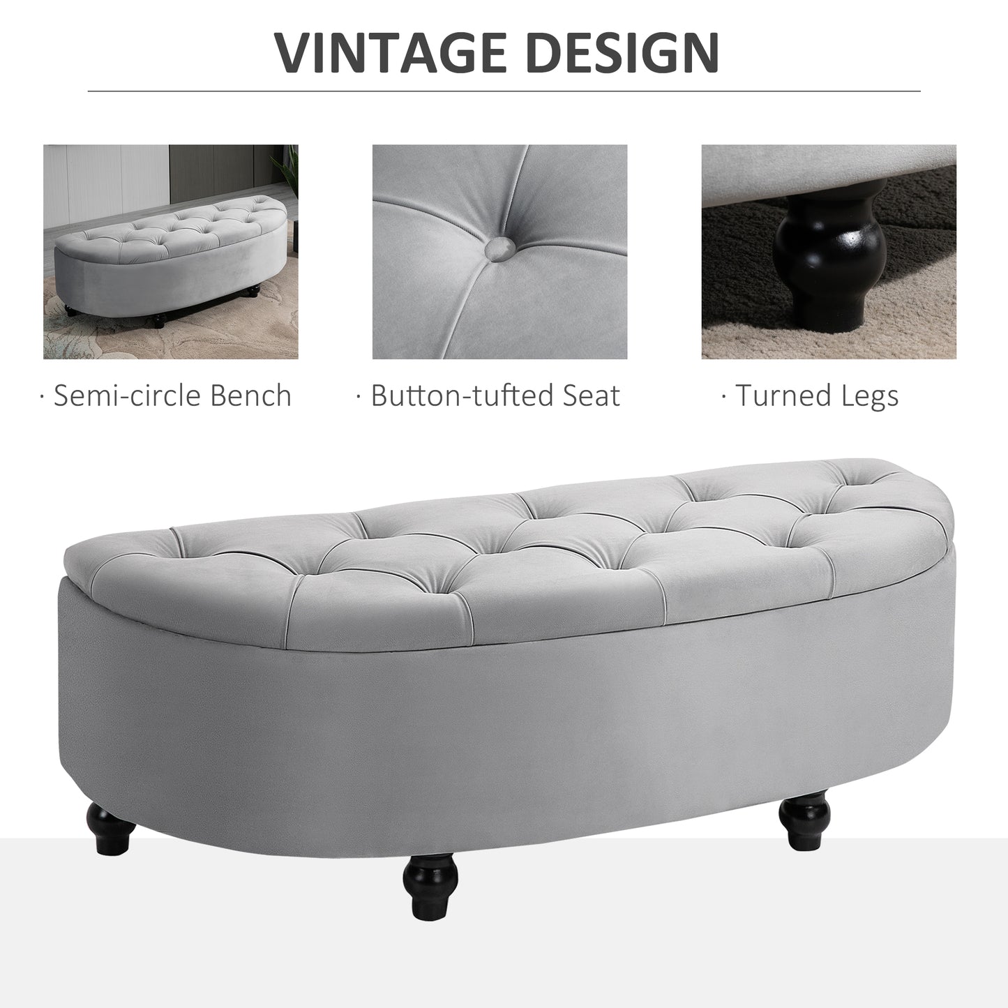 HOMCOM Semi-Circle Ottoman Storage Bench, Bed End Bench, Tufted Upholstered Window Seat Footrest Stool with Rubberwood Legs for Bedroom & Entryway, 120 x 46 x 42 cm, Light Grey