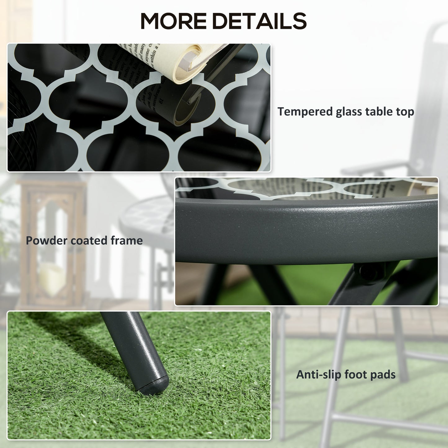 Outsunny â45cm Garden Side Table, Outdoor Round Folding Patio Table with Imitation Marble Glass Top, Small Coffee Table, Black and White