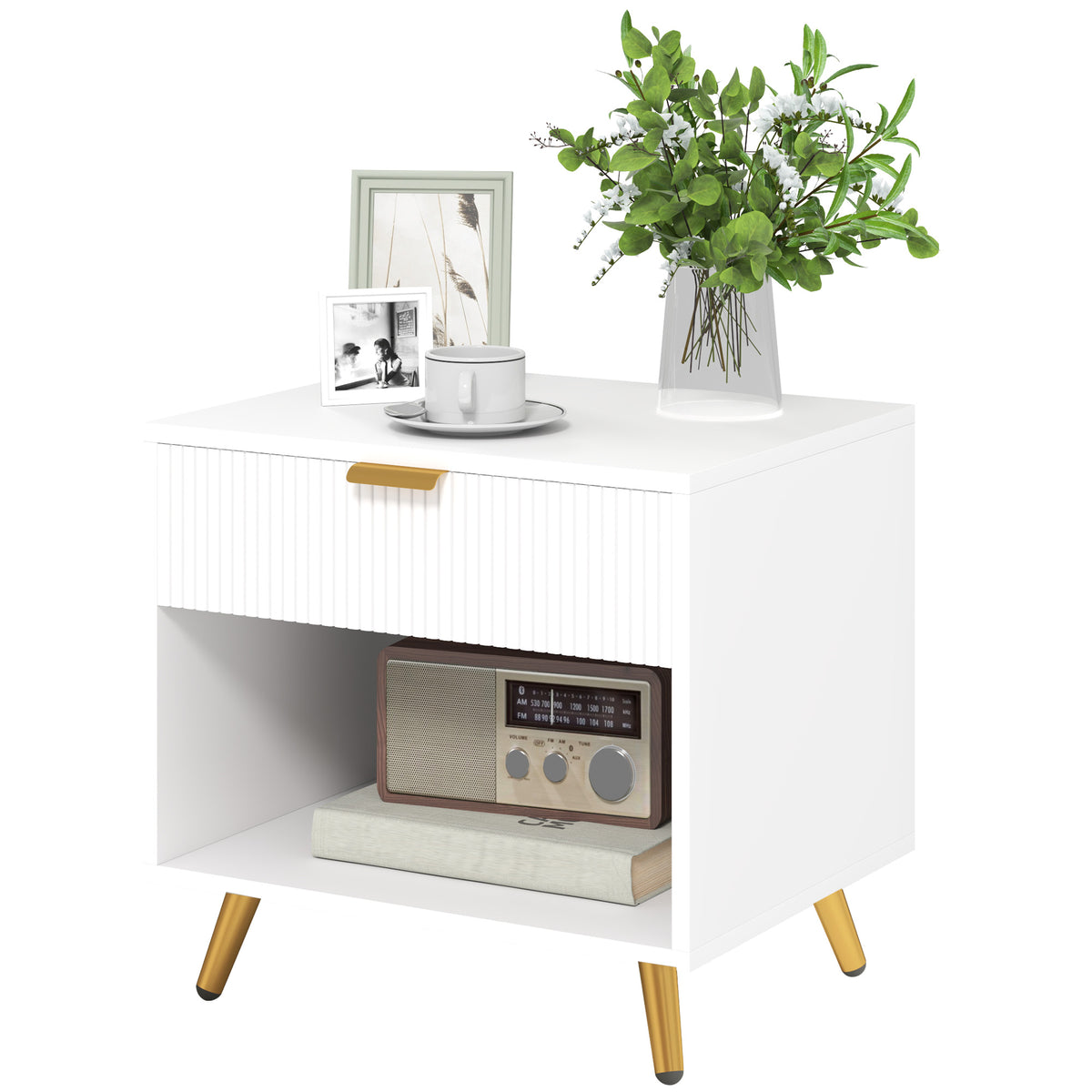 HOMCOM Elegant Bedside Table, with Drawer and Shelf - White/Gold Tone