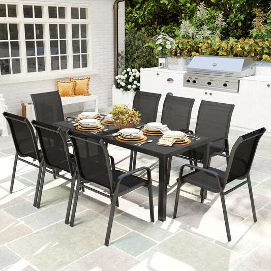 Outsunny 8 Seater Garden Dining Set with Stacking Chairs, Rectangular Tempered Glass Top, Garden Furniture Set, Outdoor Dining Table and Chairs for Patio, Balcony, Poolside, Black