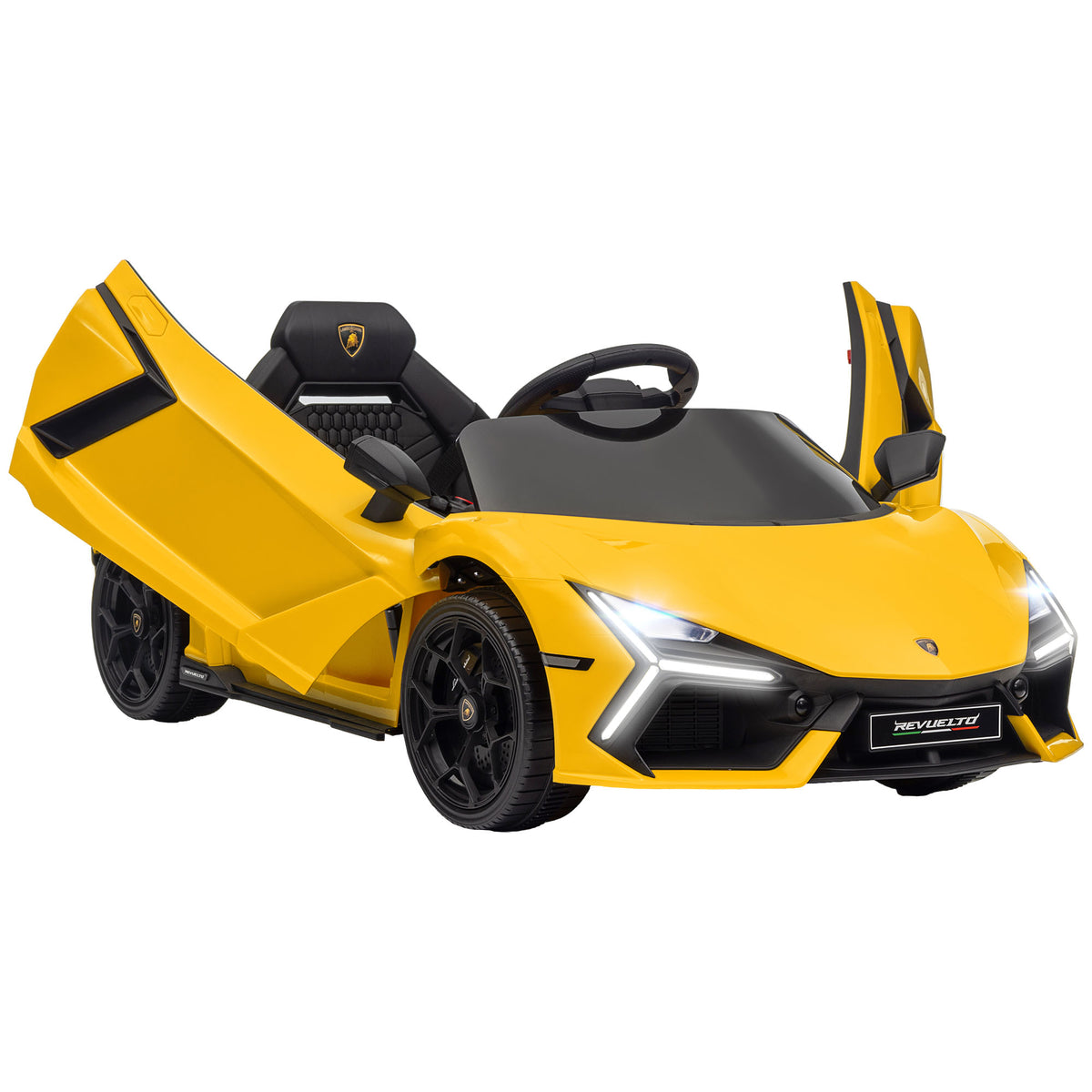 AIYAPLAY Lamborghini Revuelto Licensed 12V Ride on Car w/ Butterfly Doors, Transport Wheels, Suspension, Remote Control, Yellow