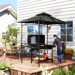 Outsunny 8' x 5' Grill Gazebo, Double Tiered BBQ Gazebo Shelter Canopy with LED Lights, 2 Side Shelves, Hooks, Dark Grey