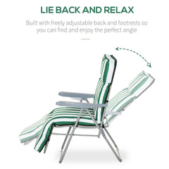 Outsunny 2 Pieces Outdoor Sun Lounger Set with Cushions, Patio Folding 5-Level Adjustable Backrest Recliner Chairs Set of 2 with High Backrest and Armrests, Green & White