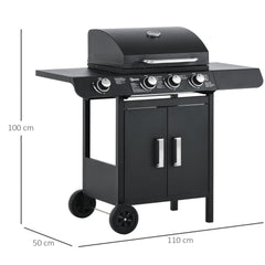 Outsunny 3+1 Burner Gas BBQ Grill, Outdoor Barbecue Trolley with Wheels, Warming Rack, Side Shelves, Cabinet, Thermometer for Garden, Party, Camping, 110L x 50W x 100Hcm, Black