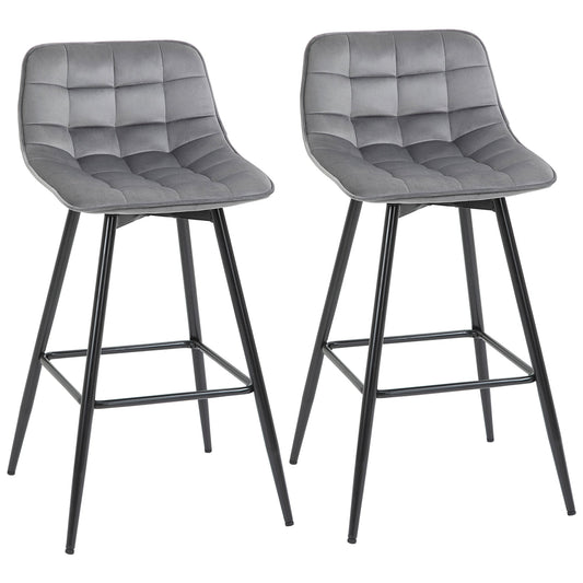 HOMCOM Set of 2 Bar Stools Velvet-Touch Dining Chairs Kitchen Counter Chairs Fabric Upholstered seat with Metal Legs, Backrest, Grey