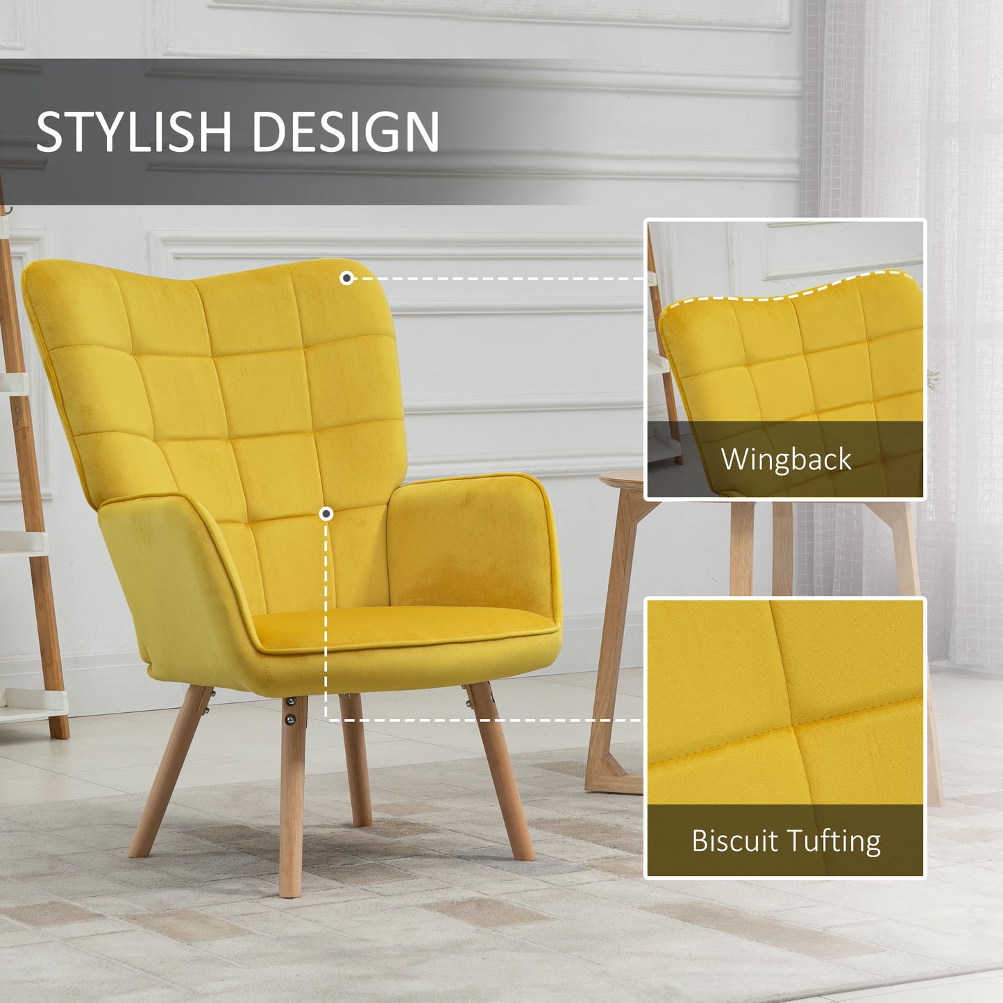 HOMCOM Modern Accent Chair, Upholstered Tufted Wingback Armchair with Seat Padding, Velvet Leisure Lounge Bedroom Chair with Wood Legs, Yellow