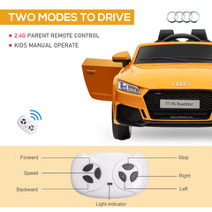 HOMCOM Kids Licensed Audi TT RS Ride-On Car 12V Battery w/ Remote Suspension Headlights and MP3 Player 3km/h Yellow