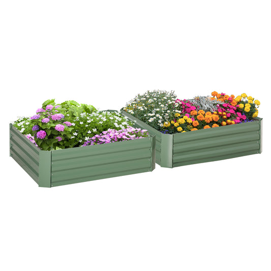 Outsunny Set of 2 291L Raised Garden Bed, Elevated Galvanised Planter Box for Flowers, Herbs, 100x100x30cm, Green